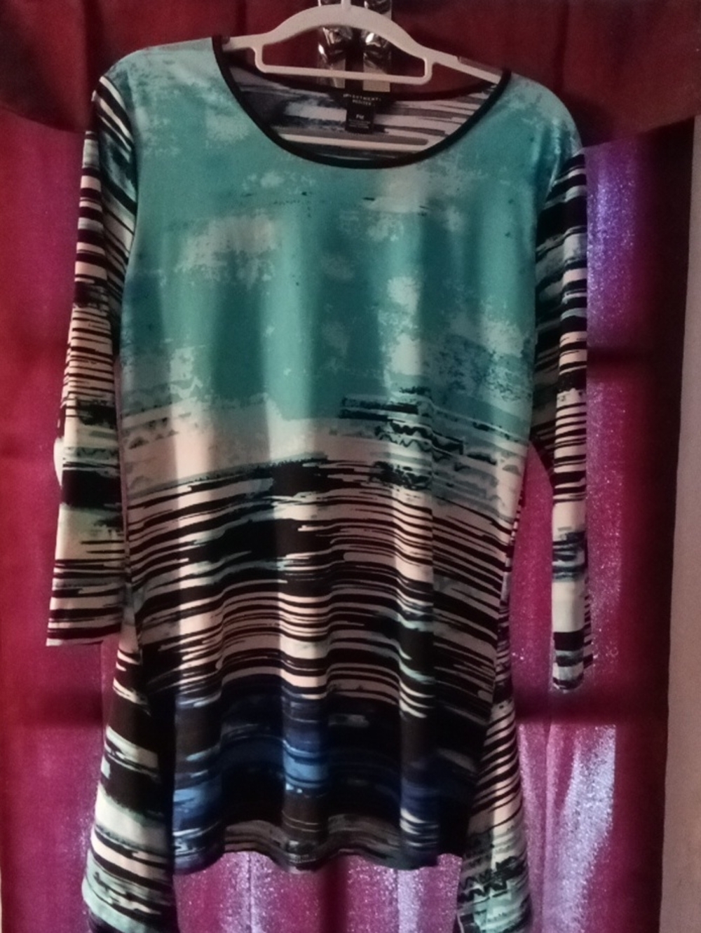 Women's INVESTMENTS PETITE Blue, Black & White Abstract Stripe Long-Sleeve Dress